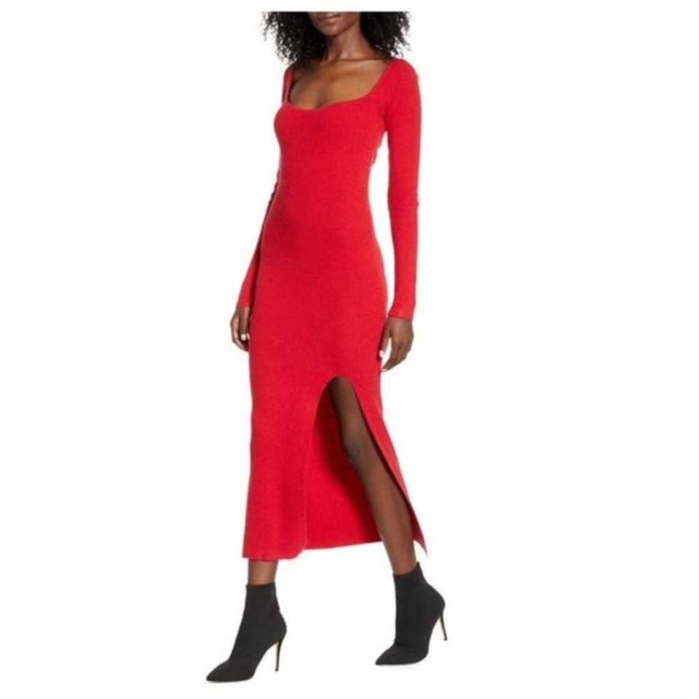 Leith Square Neck Long Sleeve Sweater Dress Red - Picture 1 of 6